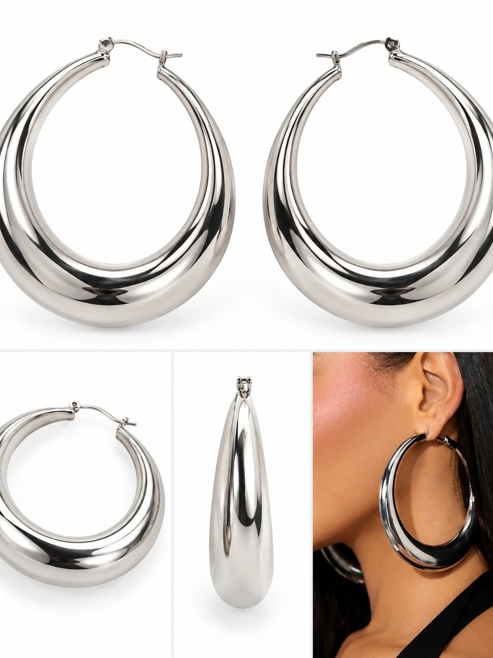 Polished Silver Hoop Drop Earrings - Women Jewelry